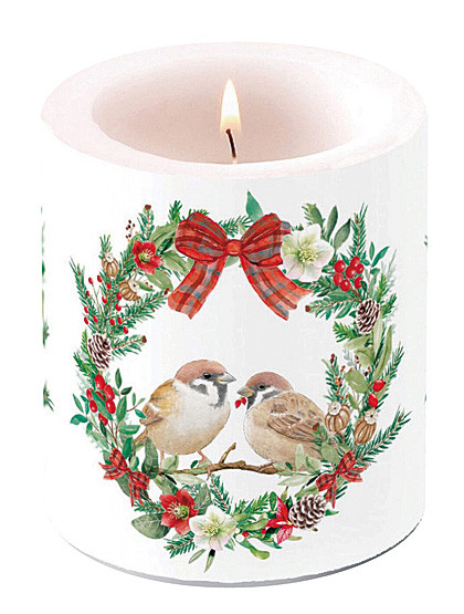 Ballonkerze „Vögel im Christrosen-Kranz“, Ø 10 cm